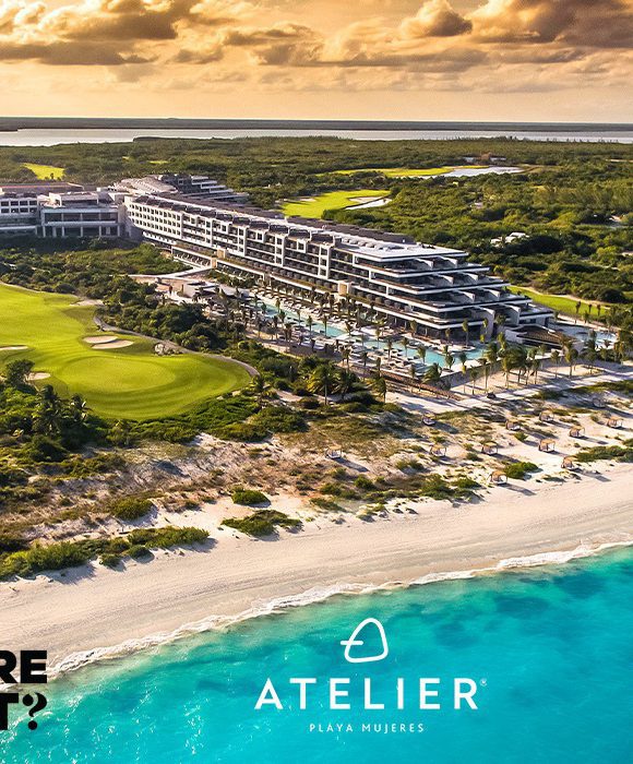 WHERE-NEXT-by-Preferred-Hotels-Blog Panoramic view of ATELIER ESTUDIO Playa Mujeres resort complex